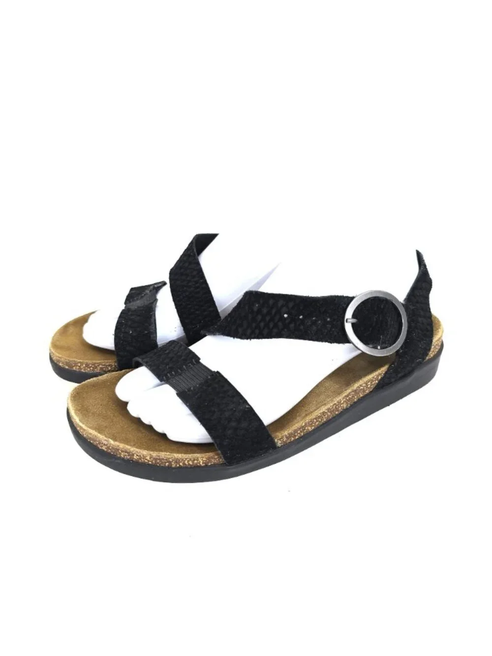 Aetrex Adrianna Snake Textured Quarter Strap Black Cork Comfort Sandals 7.5 / 8